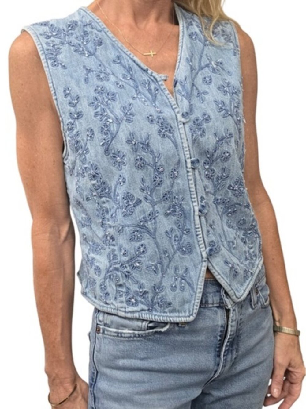 Vintage Van Heusen Embroidered Denim Vest Blue Cotton Tie Back M